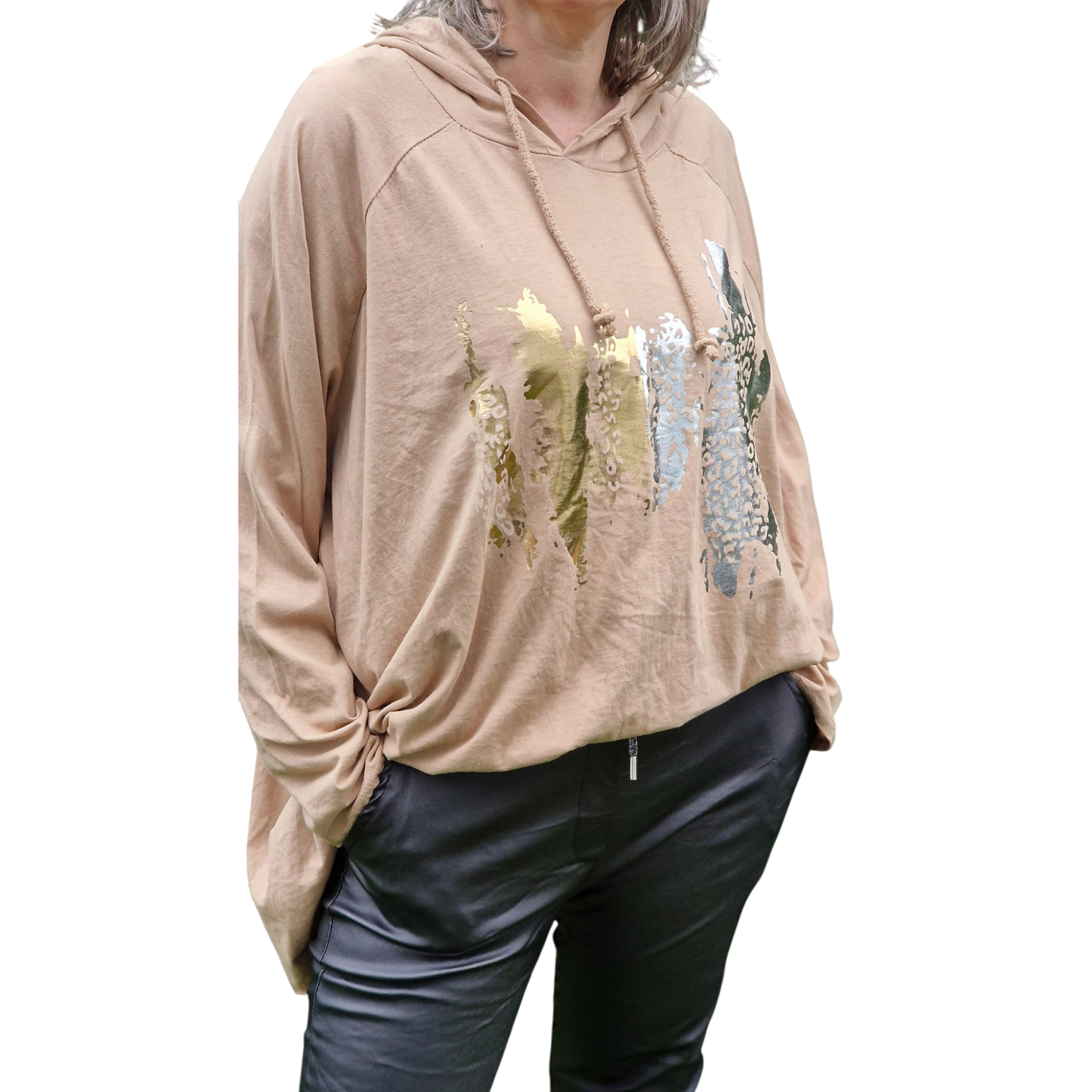 Langarmshirt mit Kapuze Leoprint Vokuhilaschnitt