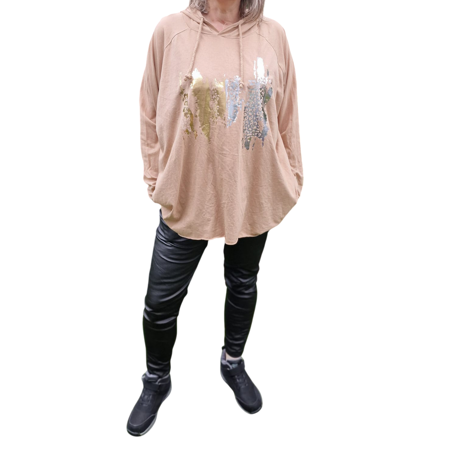 Langarmshirt mit Kapuze Leoprint Vokuhilaschnitt
