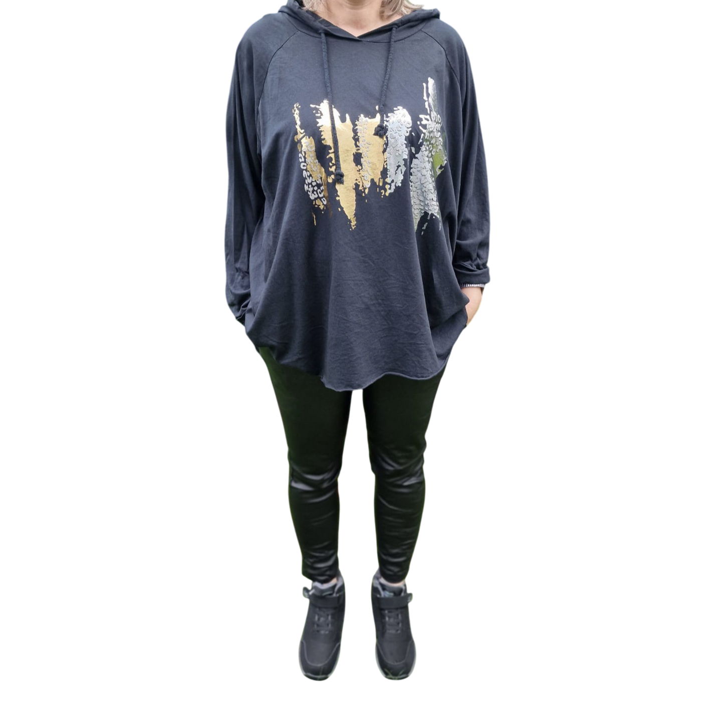 Langarmshirt mit Kapuze Leoprint Vokuhilaschnitt