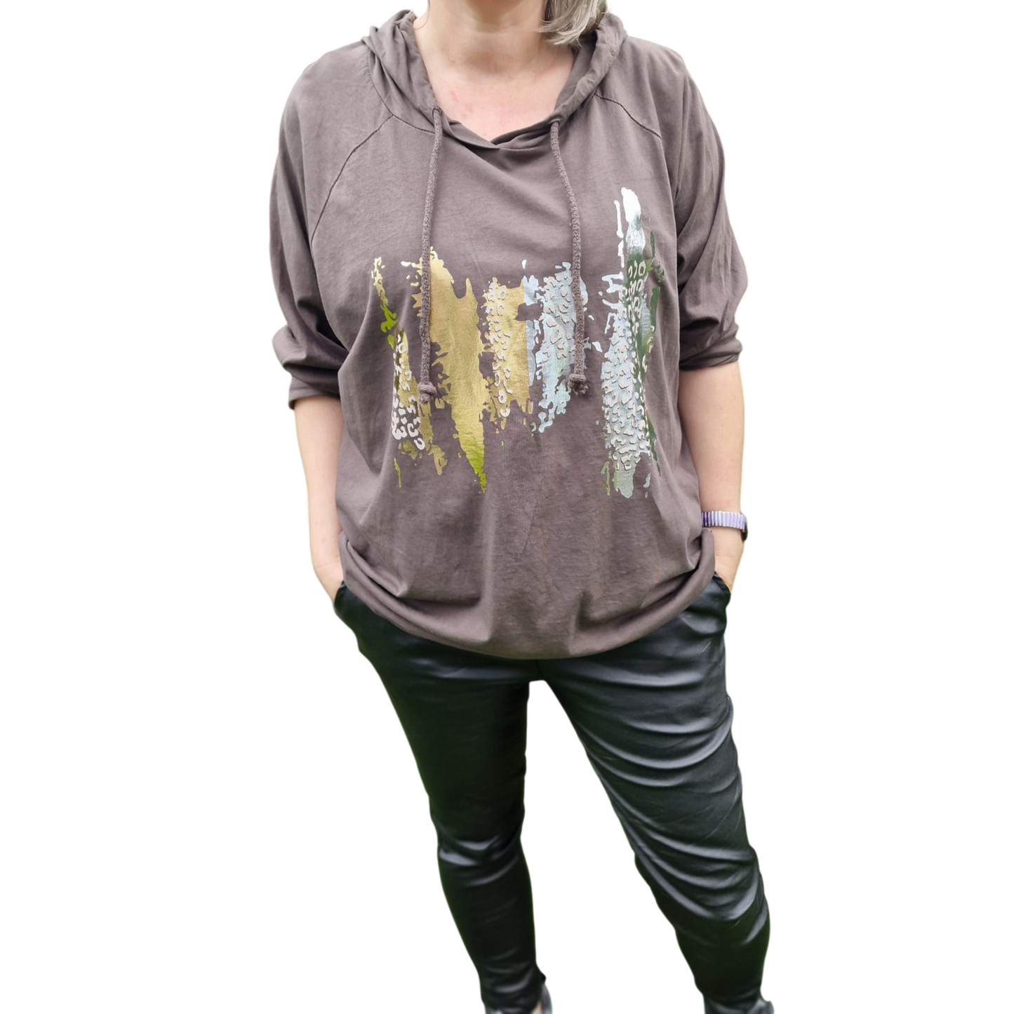 Langarmshirt mit Kapuze Leoprint Vokuhilaschnitt