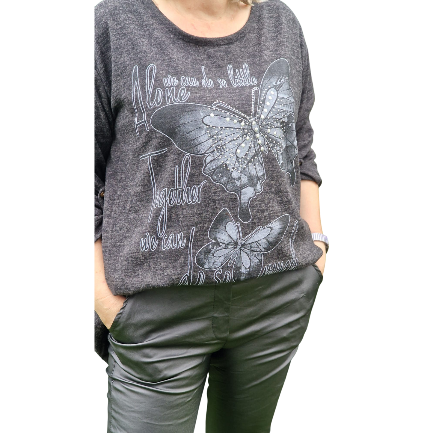 Pullover mit Schmetterlingsdruck und Strasssteinen