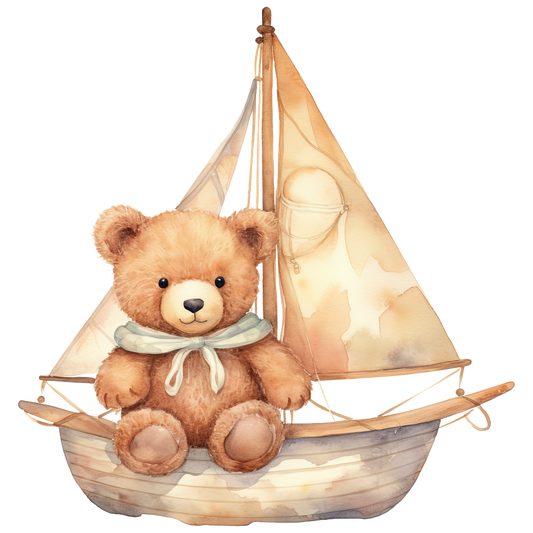 Bügelbild Teddy im Segelboot