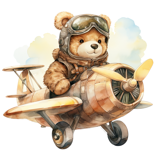 Bügelbild Teddy im Flieger