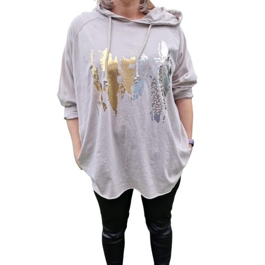 Langarmshirt mit Kapuze Leoprint Vokuhilaschnitt