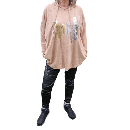 Langarmshirt mit Kapuze Leoprint Vokuhilaschnitt
