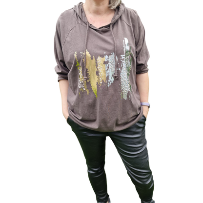 Langarmshirt mit Kapuze Leoprint Vokuhilaschnitt