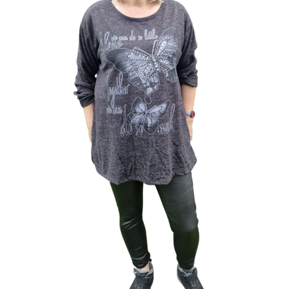 Pullover mit Schmetterlingsdruck und Strasssteinen