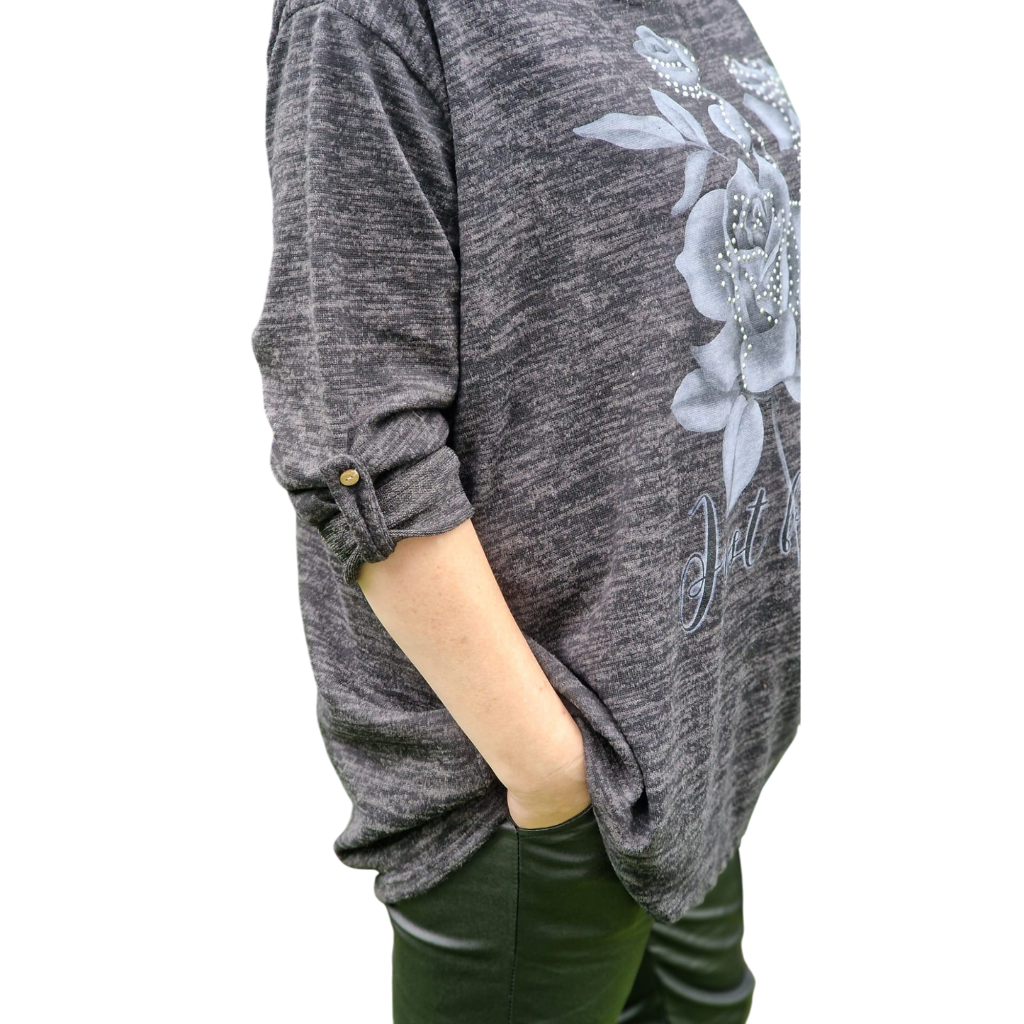 Pullover mit Rosendruck und Strasssteinen
